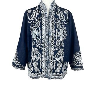 Soft Surroundings Mesaria Boho Embroidered Chambray Denim Fringe Trim Jacket XL